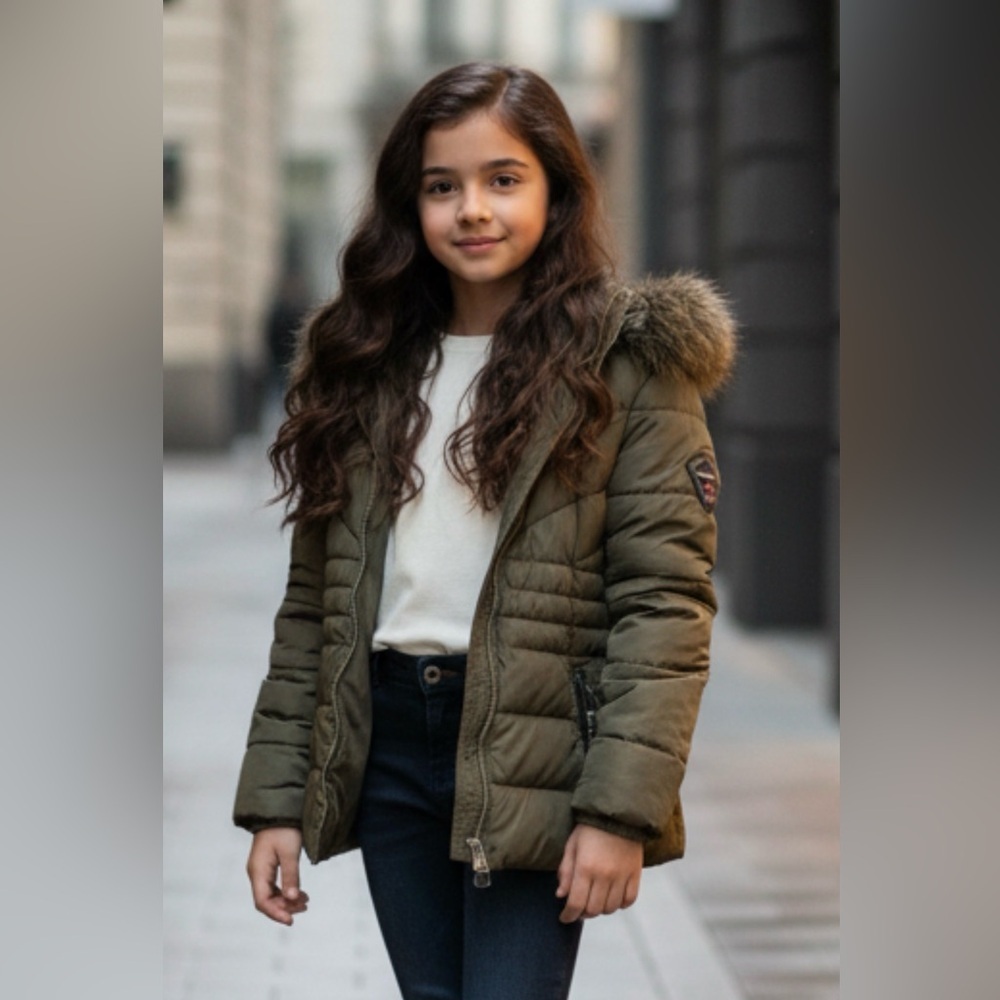 Pajar La Neige Olive Kids Puffer Coat with Faux Fur Trim